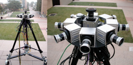 The iCinema Spherecam, multiple lenses in a spherical formation to capture 360 degrees. Mounted on a tripod.