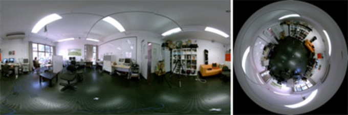 Full 360 degree, 180 degree spherical image in rectlinear and fisheye projection.