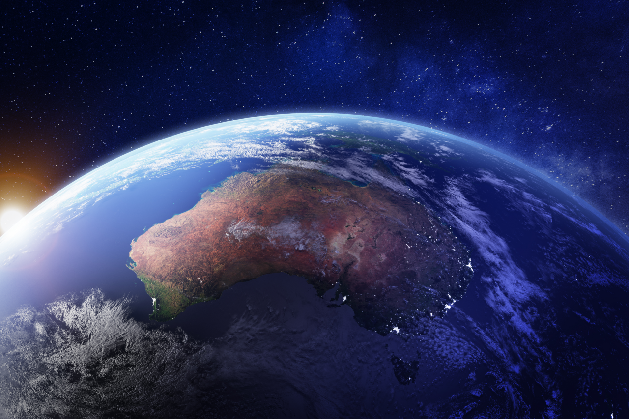 Australia from space at night with city lights of Sydney, Melbourne and Brisbane, view of Oceania, Australian desert, communication technology, 3d render of planet Earth, elements from NASA