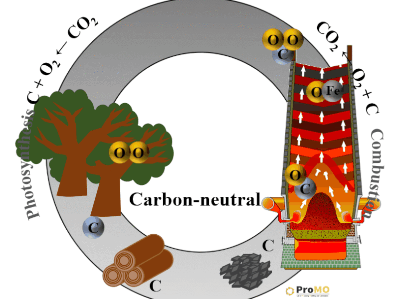 Animated gif showing photosynthesis of C02 by trees and combustion system creating C02