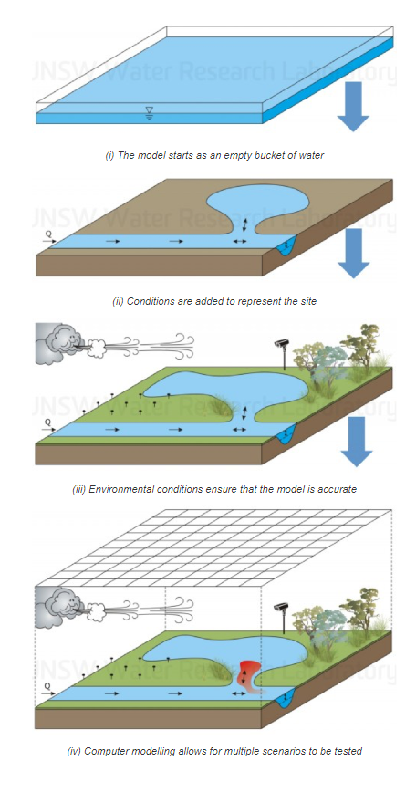 In a broad sense, the modelling process starts with a “bucket of water” (i). Site features are then incorporated into the model domain including site topography, channel network systems and backswamp areas. Field measurement and monitoring techniques (ii) are used to provide information on how the site functions including hydrodynamic processes and to validate the model.