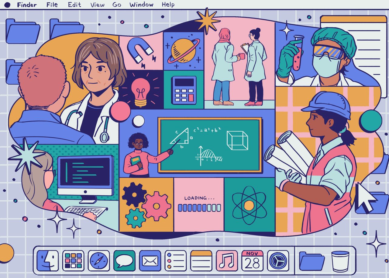 A computer screen showing different women in STEM