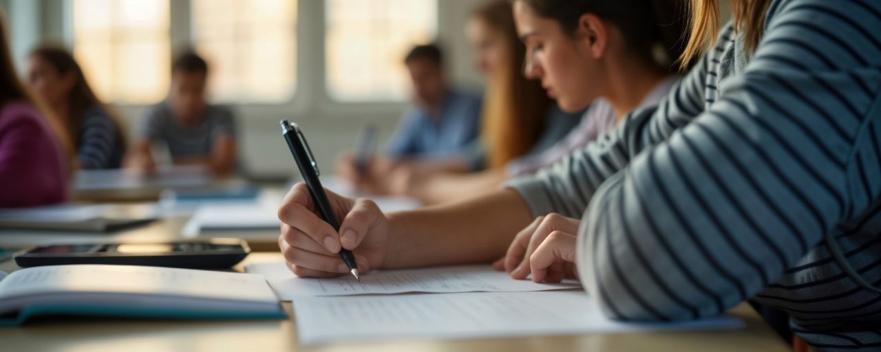 Students concentrate on educational admission test. Focused young people in classroom take test. Actively write answers with pens. Students in university class. Focused writing diligently. Exam