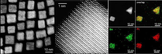 Figure 1: High angle annular dark field – scanning transmission electron microscopy images of nanocatalysts and energy dispersive x-ray spectroscopy mapping of elements showing spatial information of their structures and compositions.1