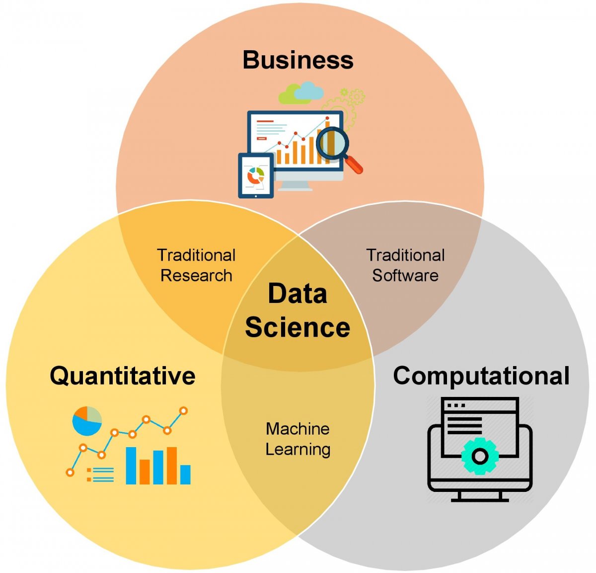 Venn diagram showing overlaps between Business, Quantitiative and Computational Fields with Data Science at the centre