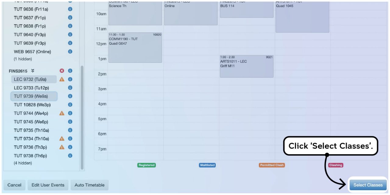 Screenshot illustrating the class registration process on myUNSW as described