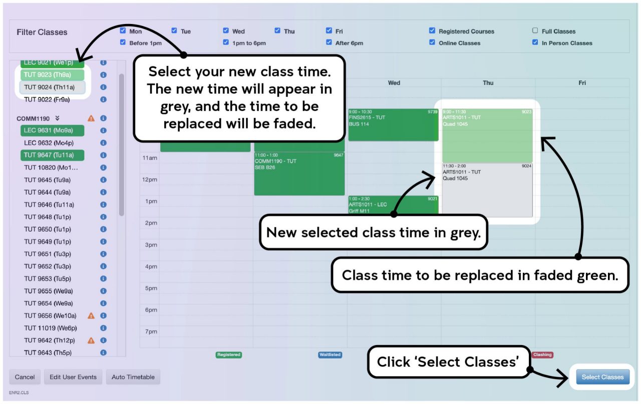 Screenshot illustrating the class swapping process on myUNSW as described
