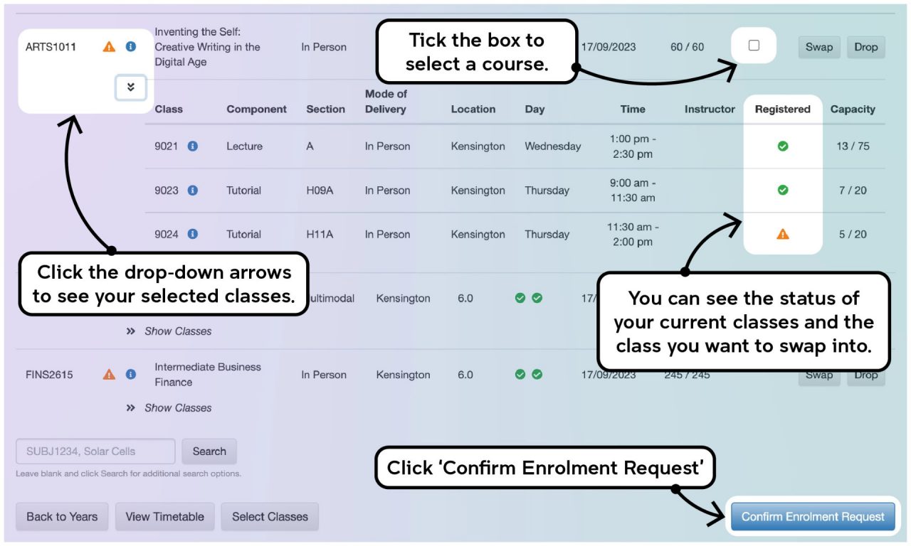 Screenshot illustrating the class swapping process on myUNSW as described