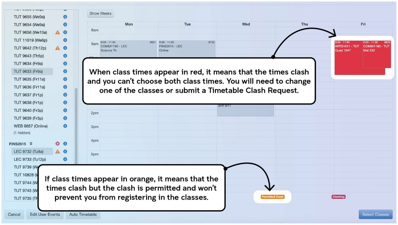 Screenshot illustrating the class registration process on myUNSW as described