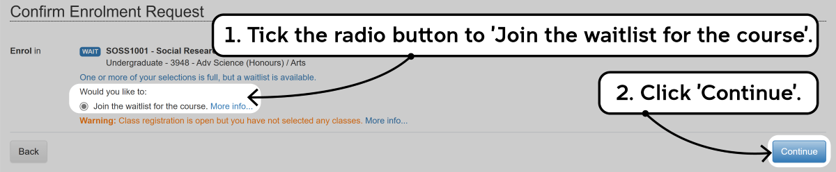 Screenshot of the enrolment waitlisting process as described