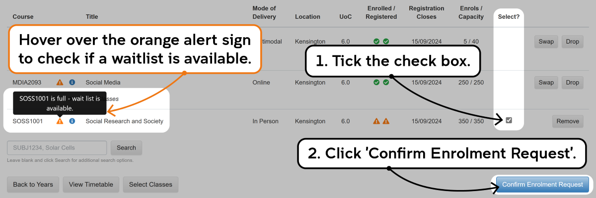 Screenshot of the enrolment waitlisting process as described
