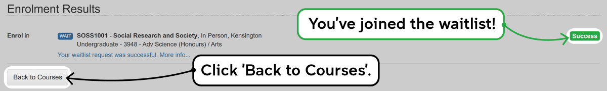 Screenshot of the enrolment waitlisting process as described