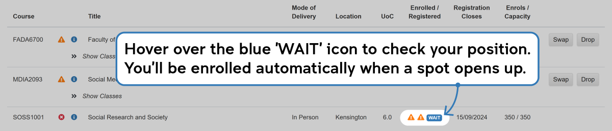 Screenshot of the enrolment waitlisting process as described