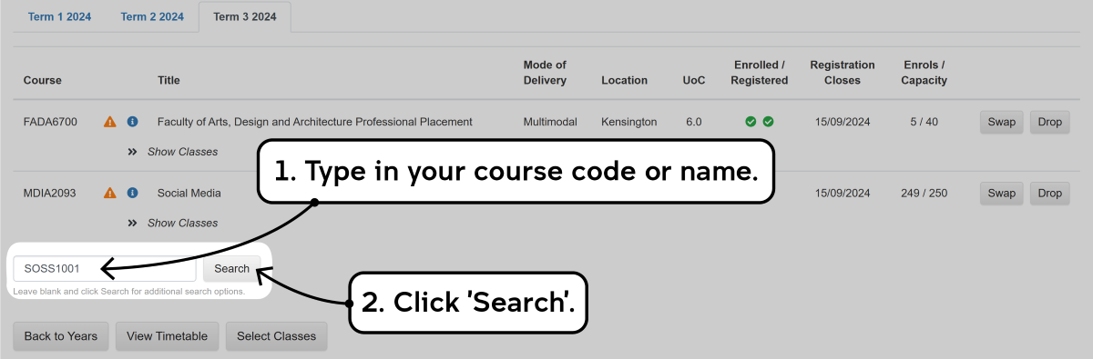 Screenshot of the enrolment waitlisting process as described