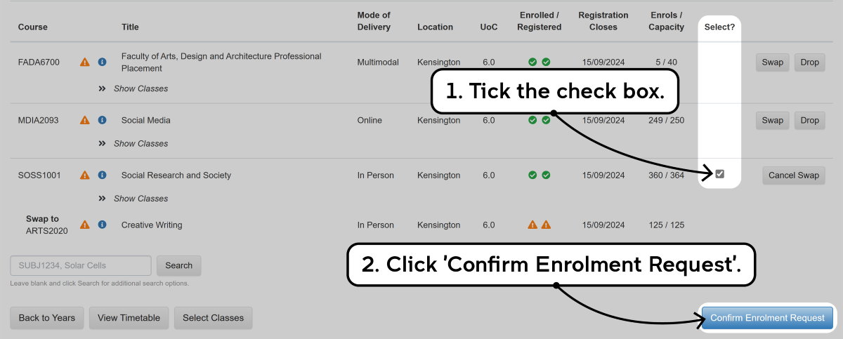 Screenshot of the enrolment waitlisting process as described
