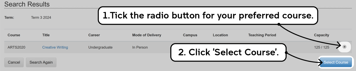 Screenshot of the enrolment waitlisting process as described