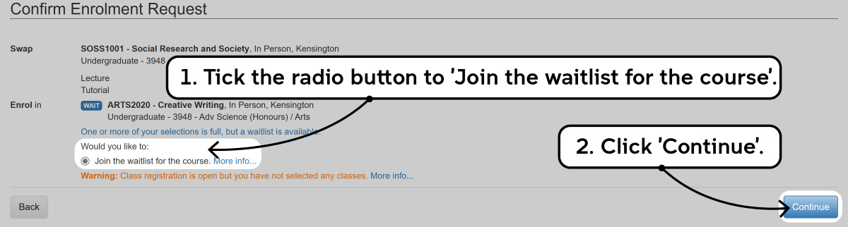 Screenshot of the enrolment waitlisting process as described