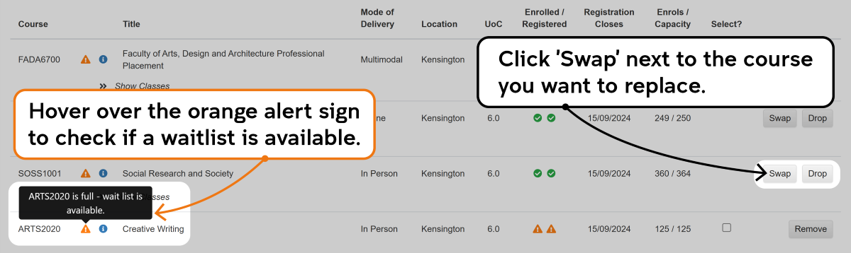 Screenshot of the enrolment waitlisting process as described