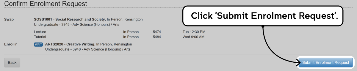 Screenshot of the enrolment waitlisting process as described