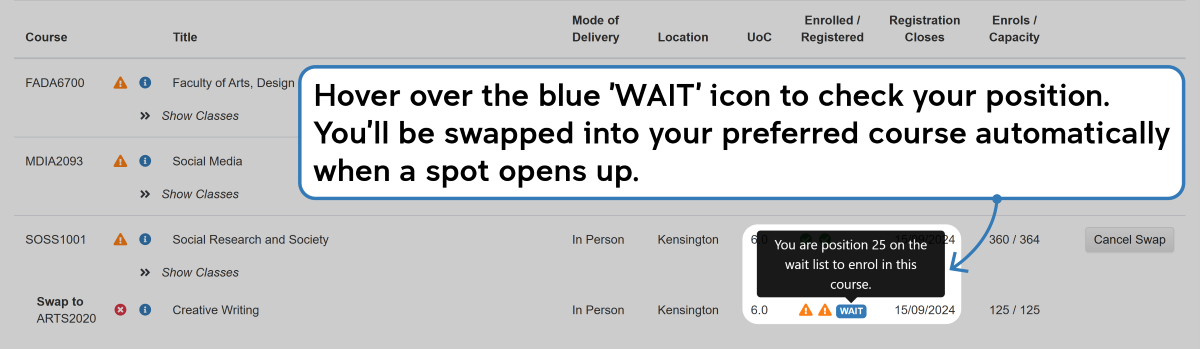 Screenshot of the enrolment waitlisting process as described