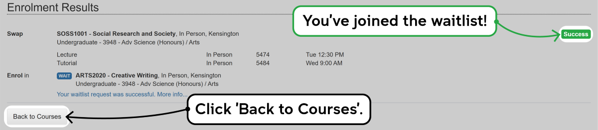Screenshot of the enrolment waitlisting process as described