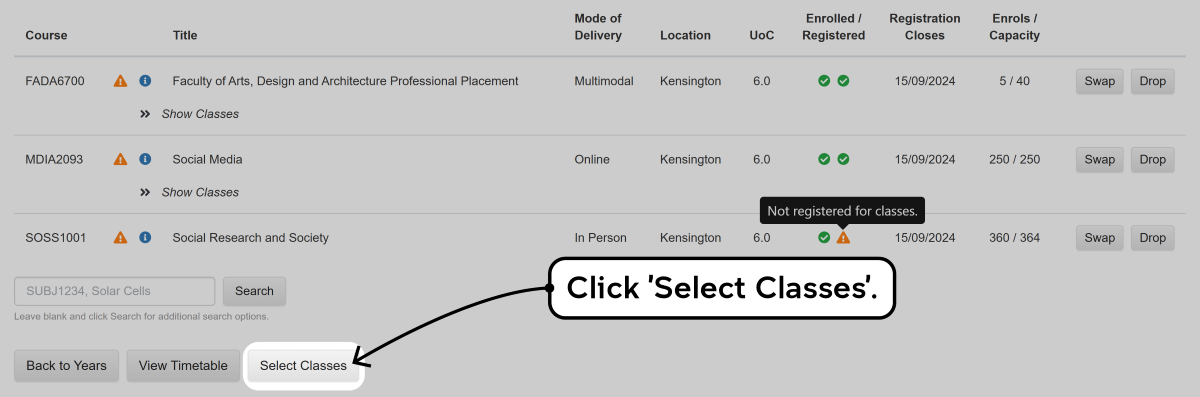 Screenshot of the enrolment waitlisting process as described