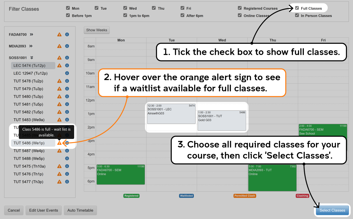 Screenshot of the enrolment waitlisting process as described