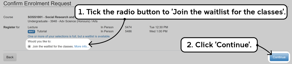 Screenshot of the enrolment waitlisting process as described