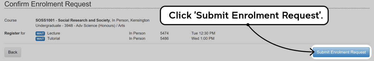 Screenshot of the enrolment waitlisting process as described
