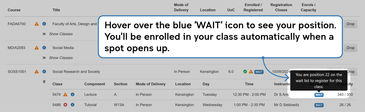 Screenshot of the enrolment waitlisting process as described