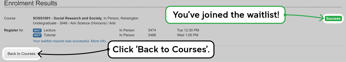 Screenshot of the enrolment waitlisting process as described