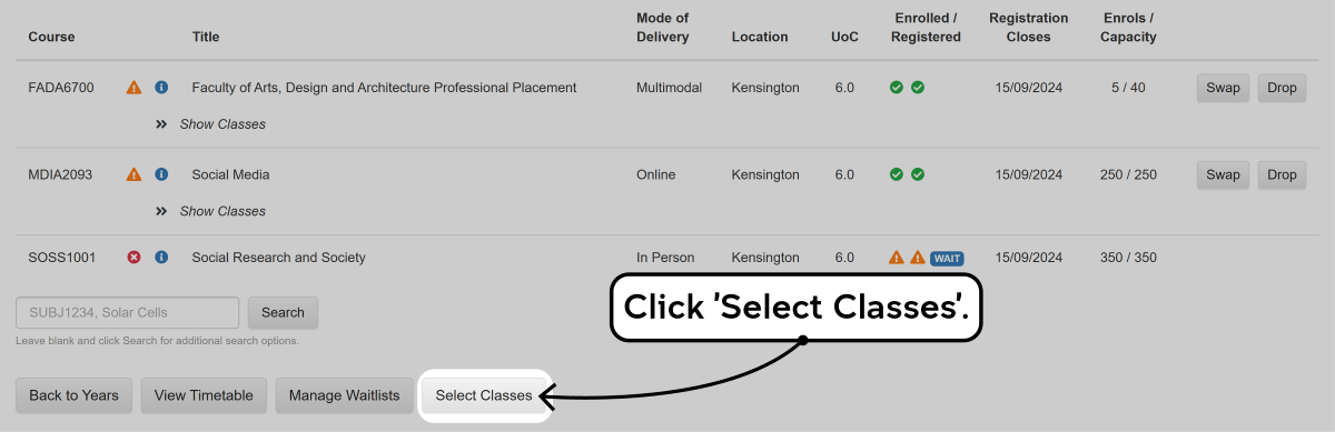 Screenshot of the enrolment waitlisting process as described