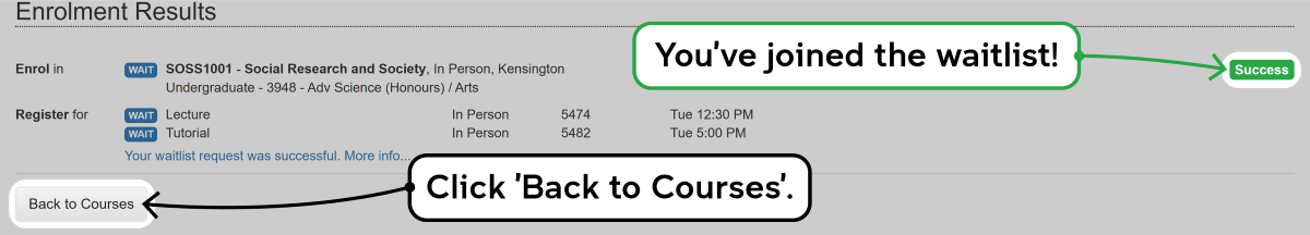 Screenshot of the enrolment waitlisting process as described