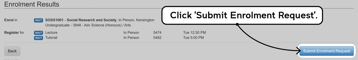Screenshot of the enrolment waitlisting process as described
