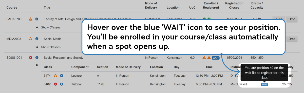 Screenshot of the enrolment waitlisting process as described