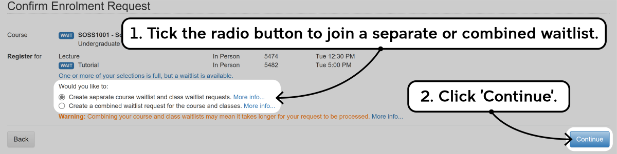 Screenshot of the enrolment waitlisting process as described