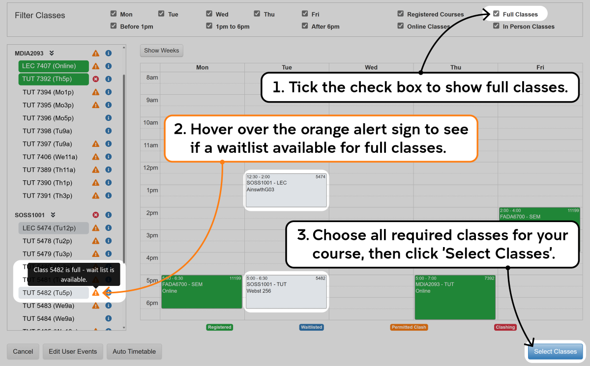 Screenshot of the enrolment waitlisting process as described