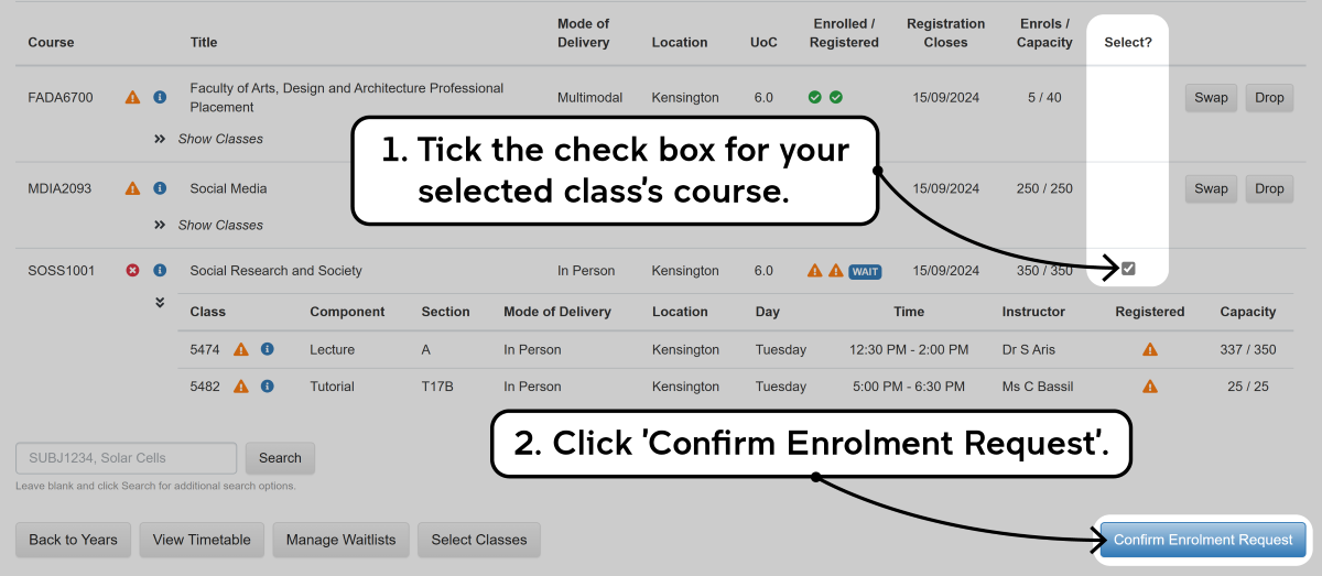 Screenshot of the enrolment waitlisting process as described