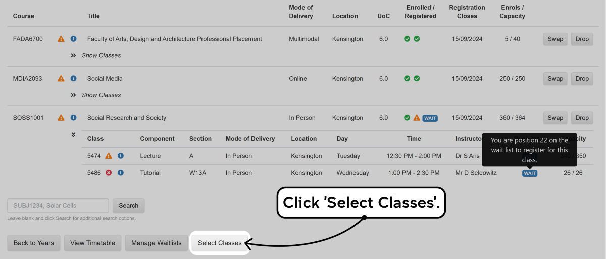 Screenshot of the enrolment waitlisting process as described