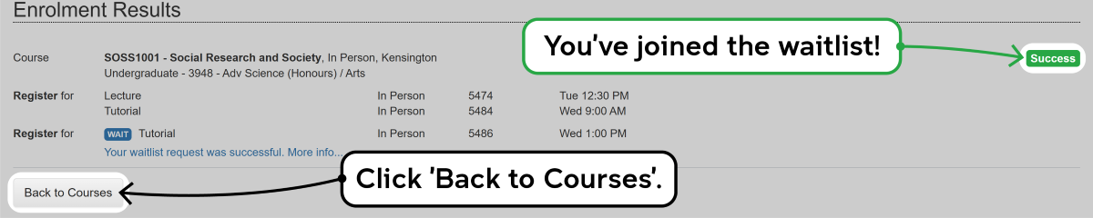 Screenshot of the enrolment waitlisting process as described