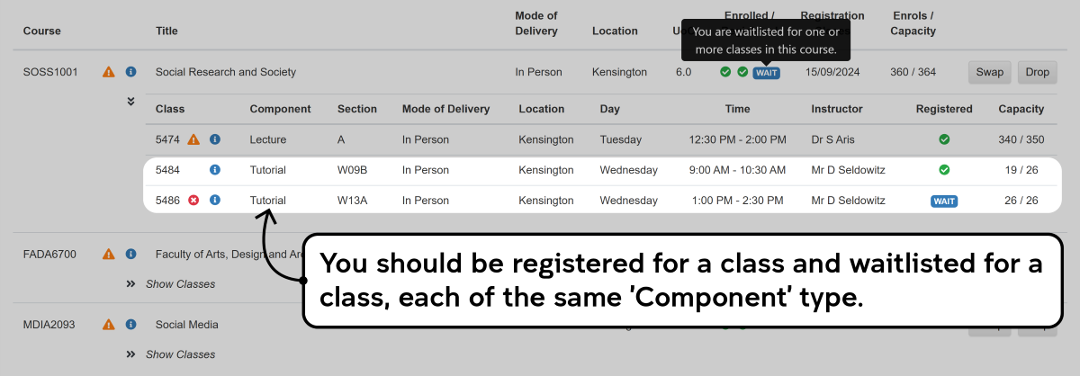 Screenshot of the enrolment waitlisting process as described