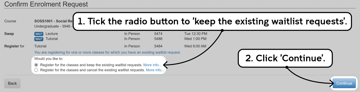 Screenshot of the enrolment waitlisting process as described