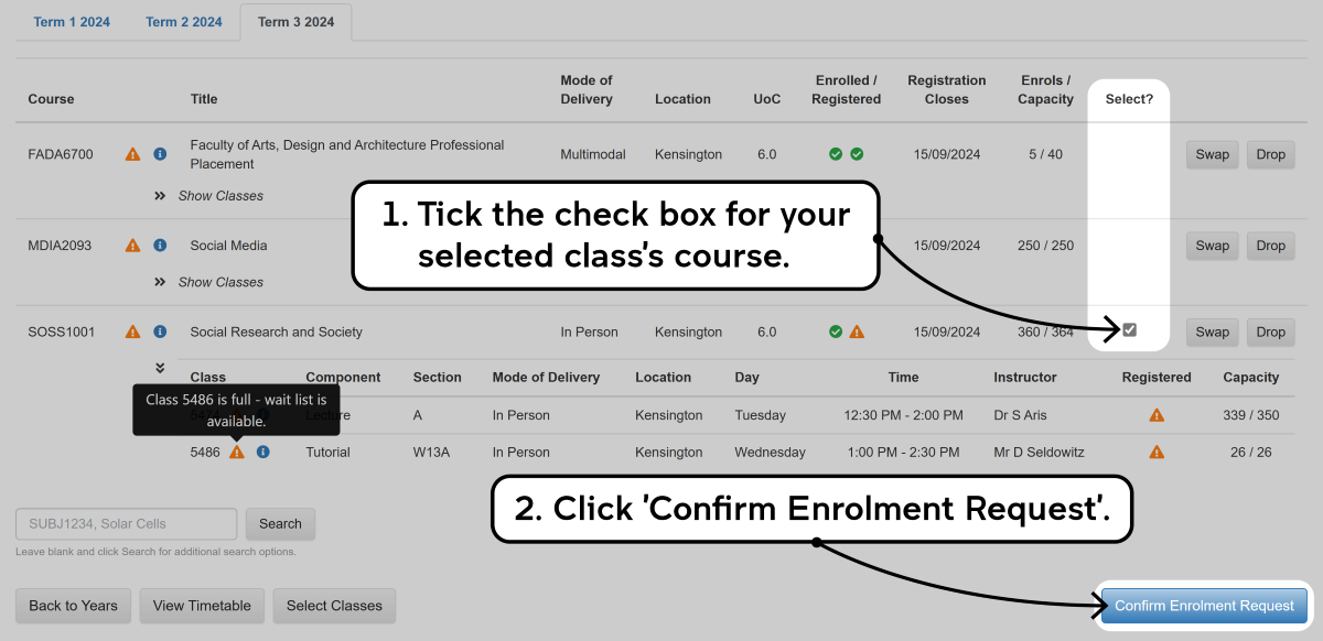 Screenshot of the enrolment waitlisting process as described