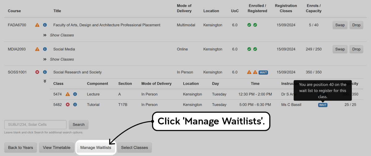 Screenshot of the enrolment waitlisting process in myUNSW as described