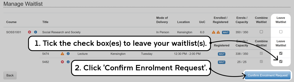 Screenshot of the enrolment waitlisting process in myUNSW as described