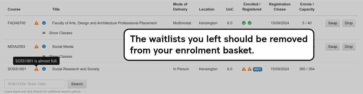 Screenshot of the enrolment waitlisting process in myUNSW as described