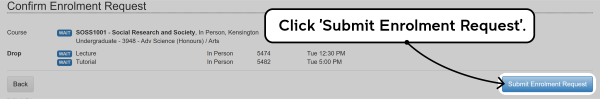 Screenshot of the enrolment waitlisting process in myUNSW as described