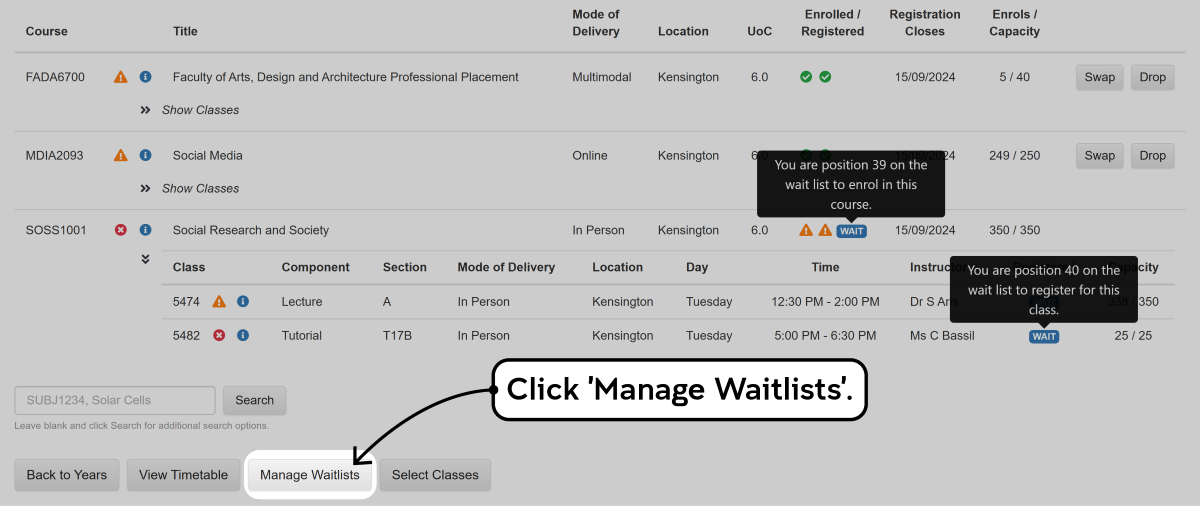 Screenshot of the enrolment waitlisting process in myUNSW as described