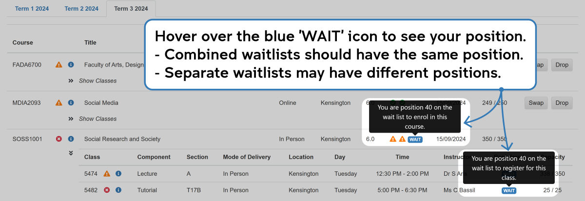 Screenshot of the enrolment waitlisting process in myUNSW as described