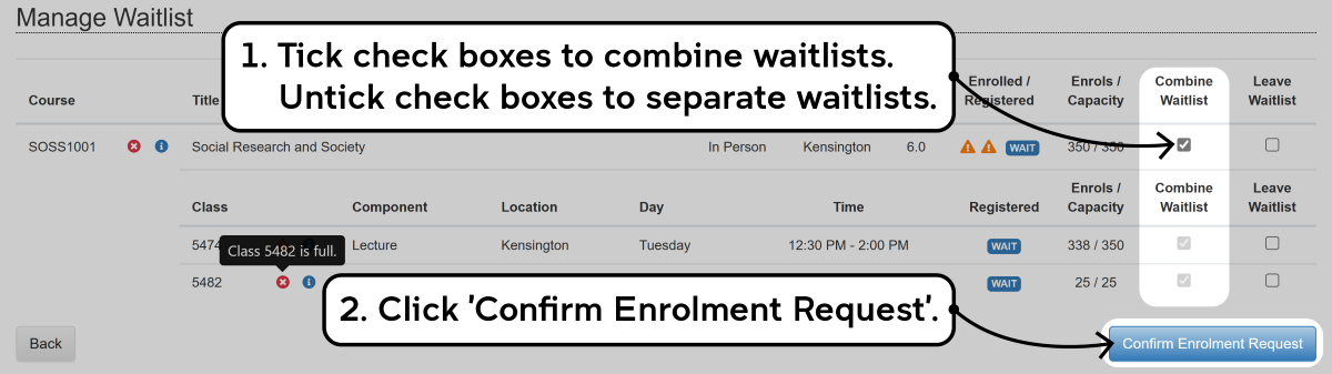 Screenshot of the enrolment waitlisting process in myUNSW as described